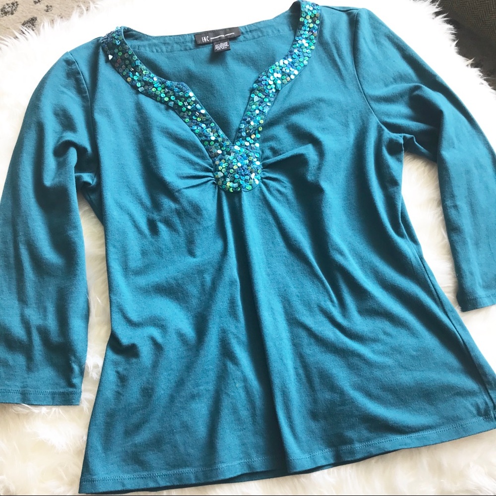 INC Teal Green ¾ Sleeve Embellished Blouse Large